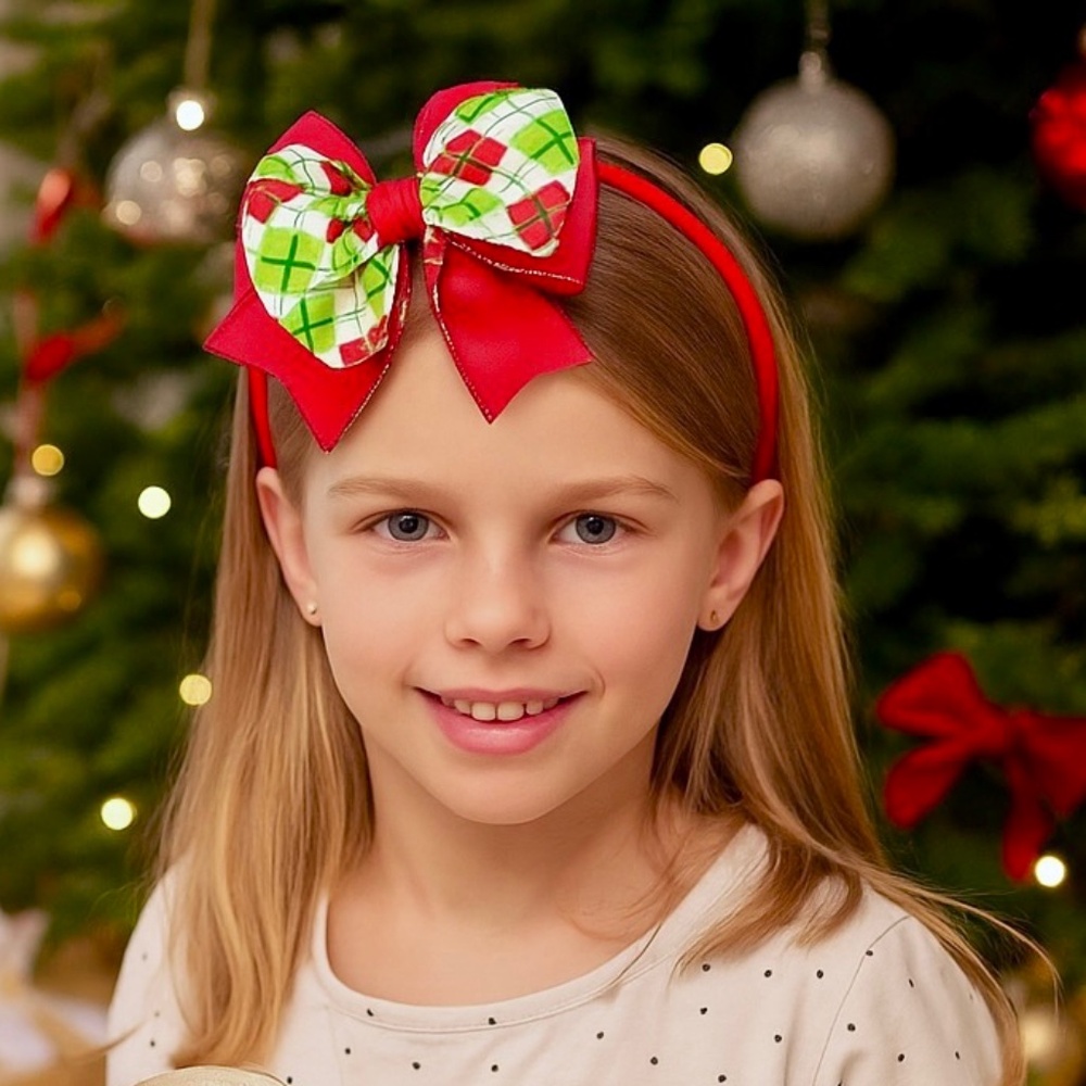 Girls Red & Green‎ Argyle Christmas Bow Headband | Layered Bow Headband